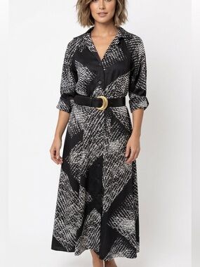 DONNA KARAN New Button Down Midi Dress 3/4 Sleeve Pockets Belt Black White Sz 4